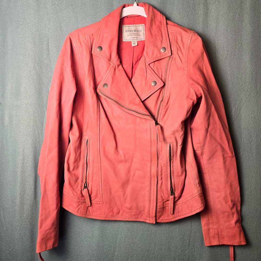 Lucky Brand Women Coral Pink Lamb Leather Moto Biker‎ Jacket Small Zip Front